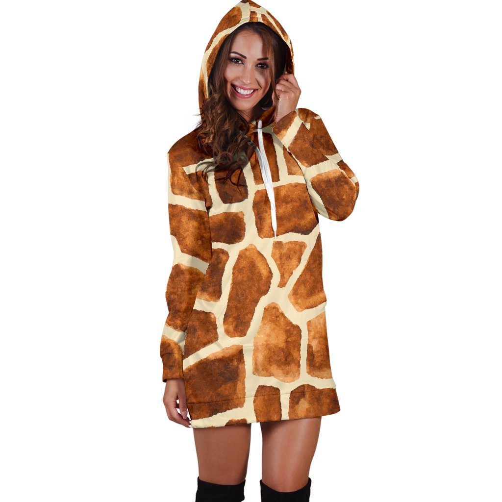 Brown Watercolor Giraffe Pattern Print Hoodie Dress GearFrost