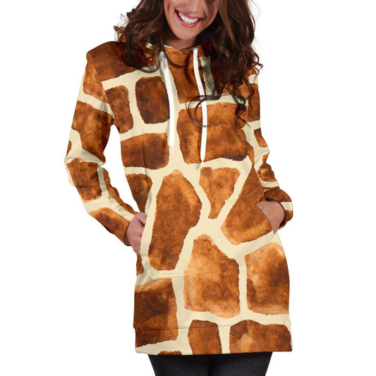 Brown Watercolor Giraffe Pattern Print Hoodie Dress GearFrost