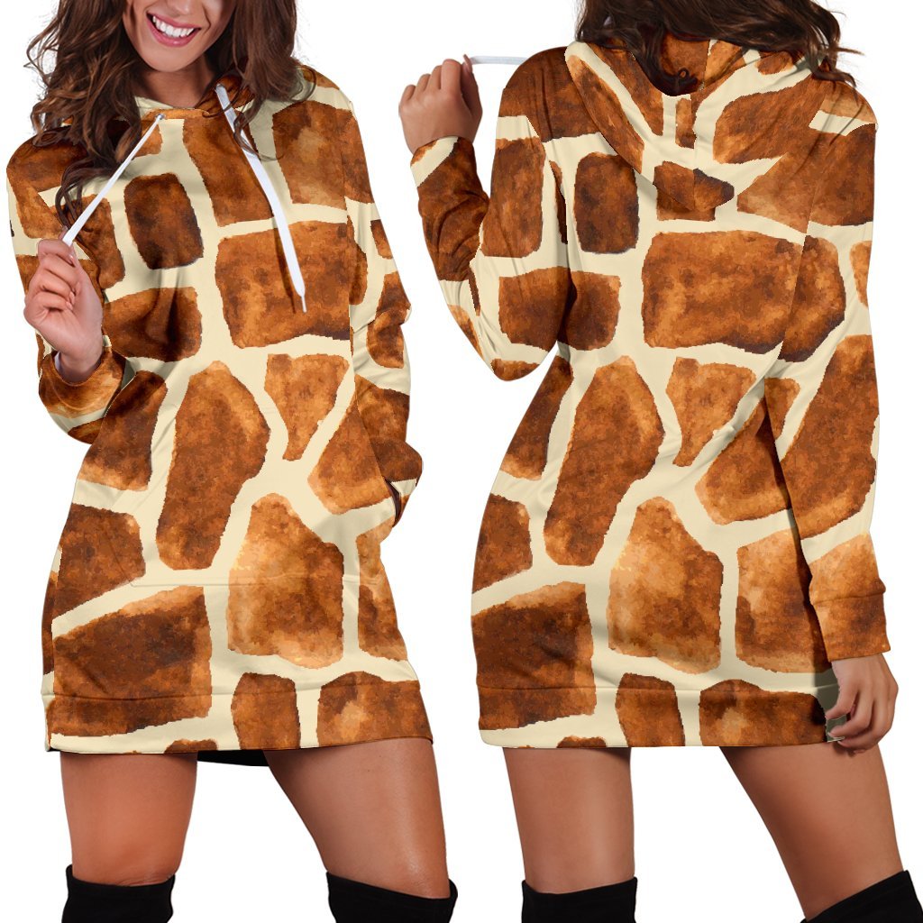 Brown Watercolor Giraffe Pattern Print Hoodie Dress GearFrost