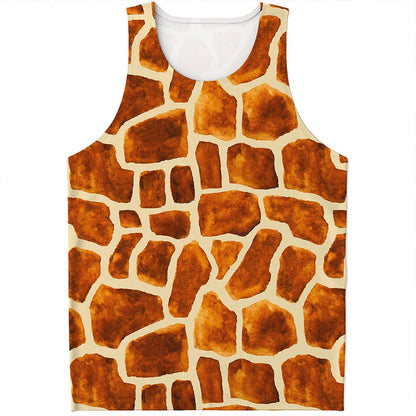 Brown Watercolor Giraffe Pattern Print Men's Tank Top