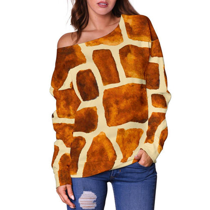 Brown Watercolor Giraffe Pattern Print Off Shoulder Sweatshirt GearFrost