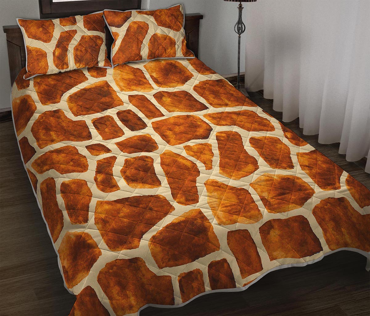Brown Watercolor Giraffe Pattern Print Quilt Bed Set