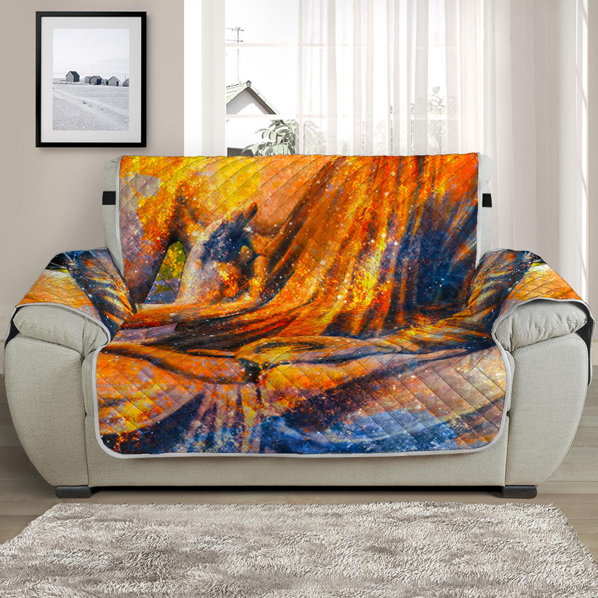 Buddha Statue Mandala Print Half Sofa Protector