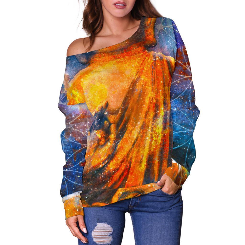 Buddha Statue Mandala Print Off Shoulder Sweatshirt GearFrost