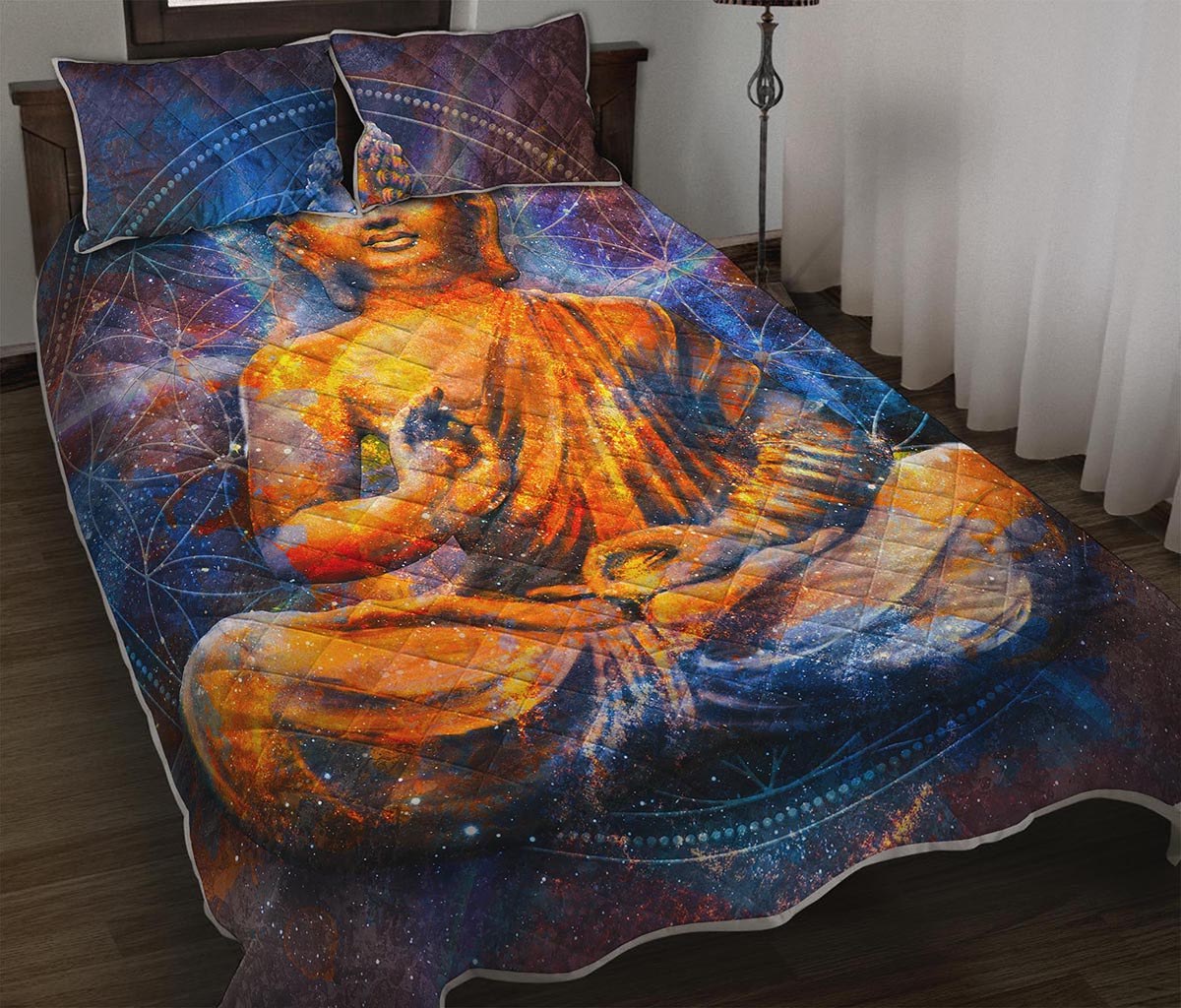 Buddha Statue Mandala Print Quilt Bed Set