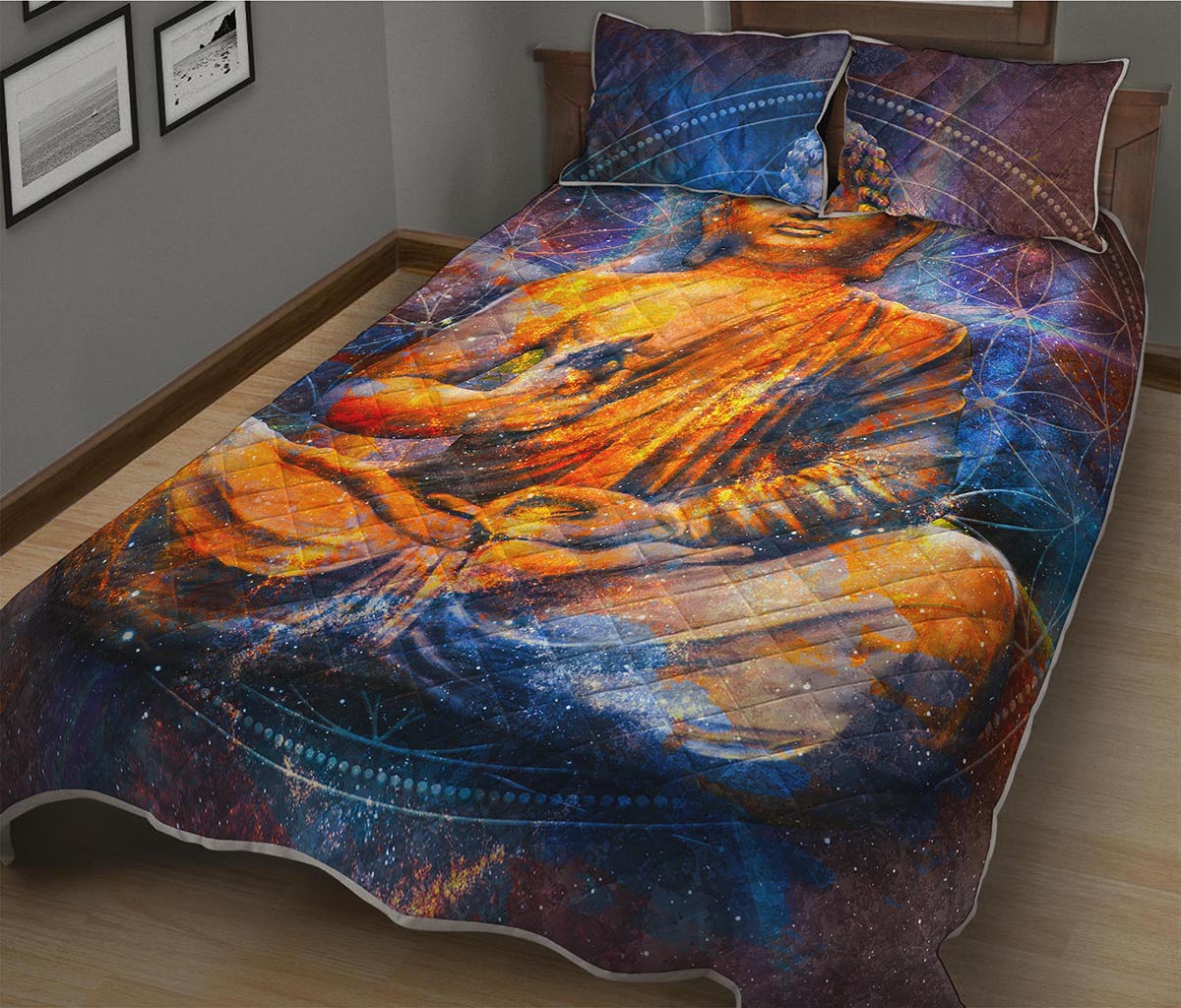 Buddha Statue Mandala Print Quilt Bed Set