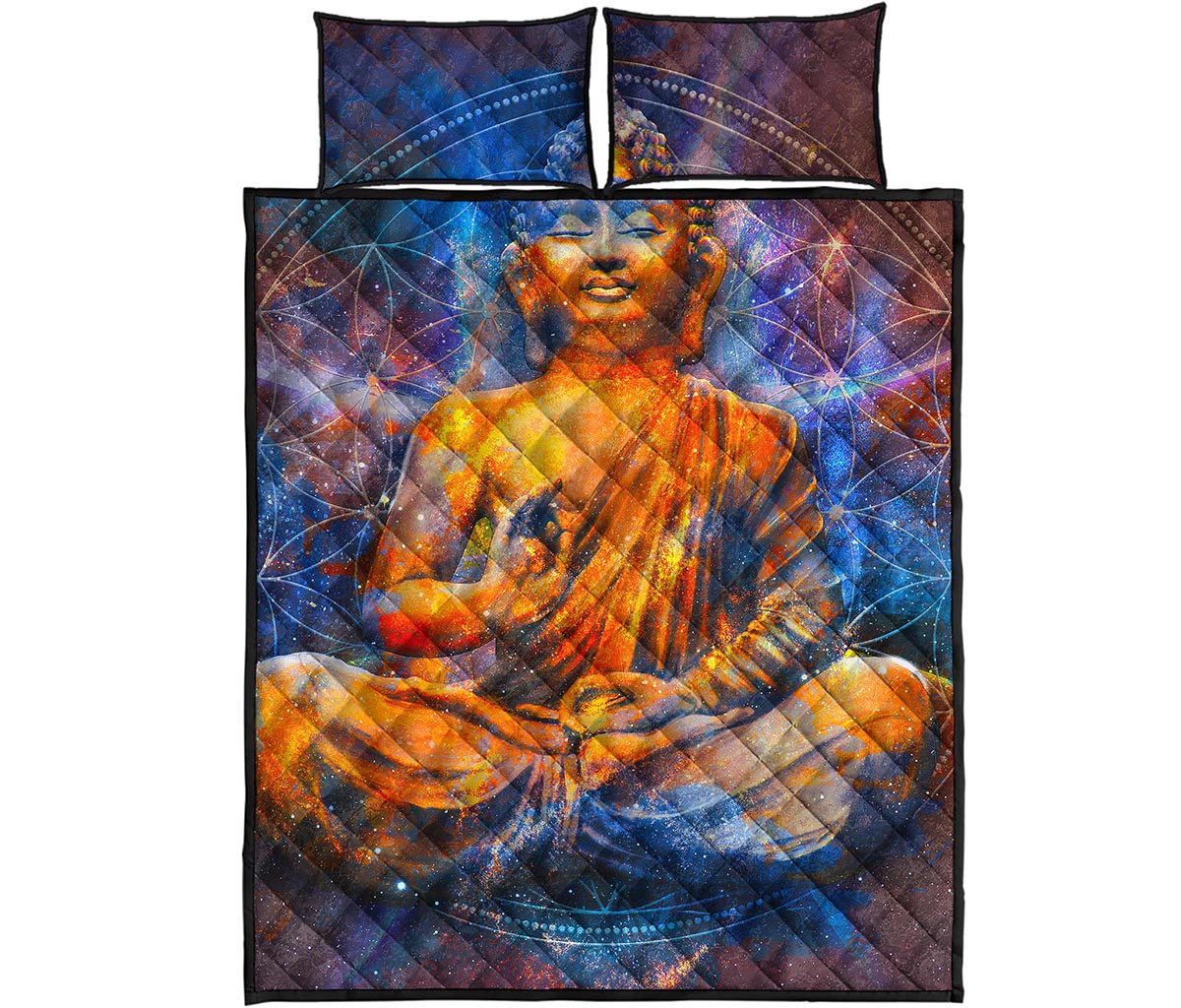 Buddha Statue Mandala Print Quilt Bed Set