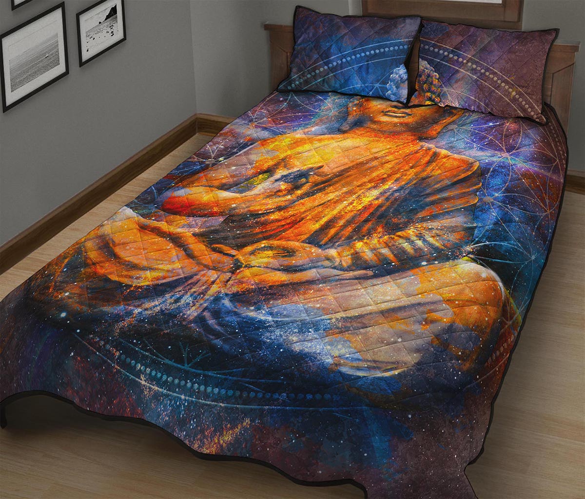 Buddha Statue Mandala Print Quilt Bed Set