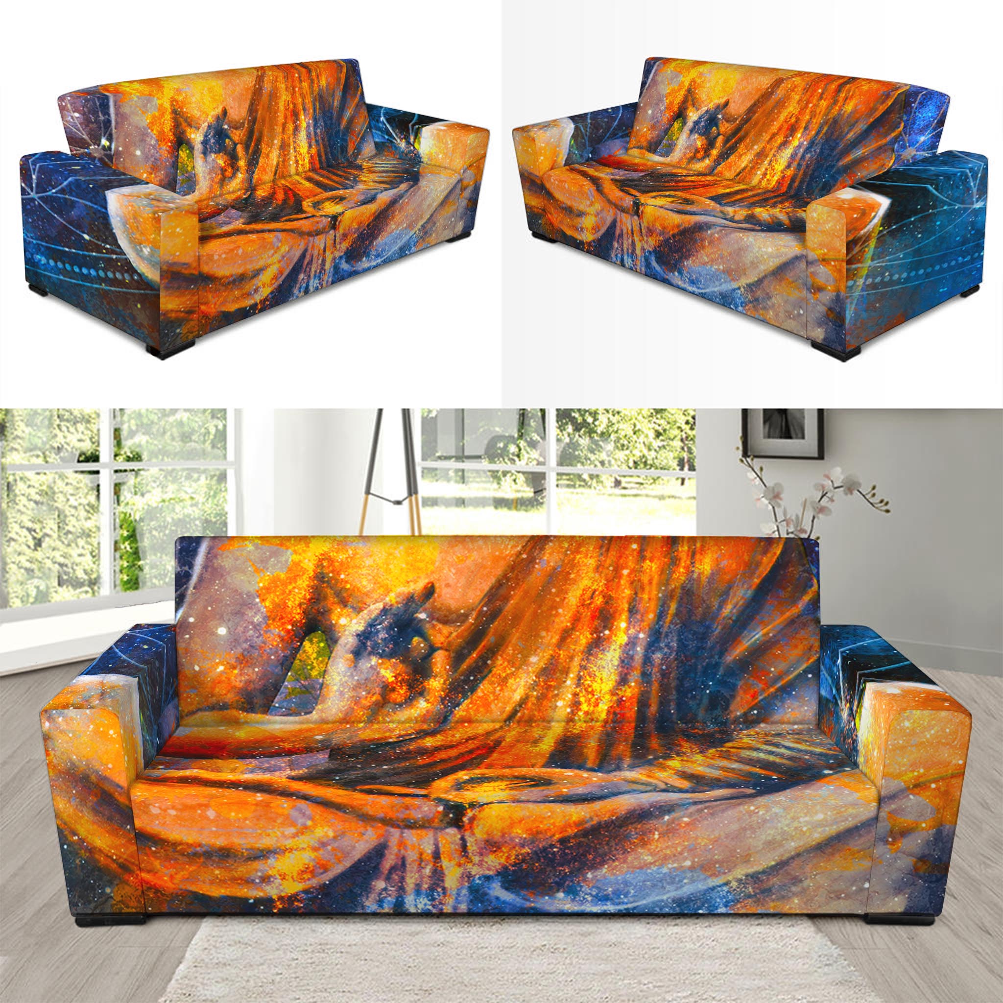 Buddha Statue Mandala Print Sofa Slipcover