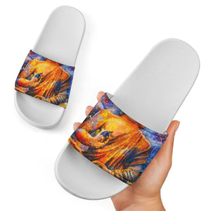 Buddha Statue Mandala Print White Slide Sandals