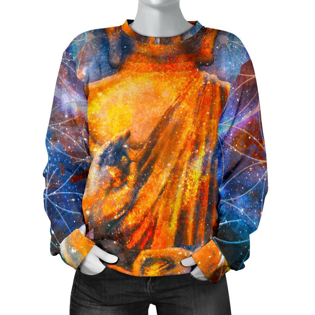 Buddha Statue Mandala Print Women's Crewneck Sweatshirt GearFrost