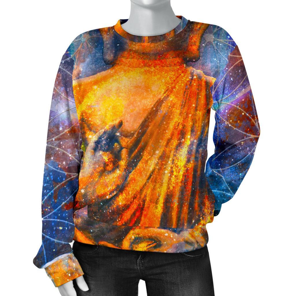 Buddha Statue Mandala Print Women's Crewneck Sweatshirt GearFrost