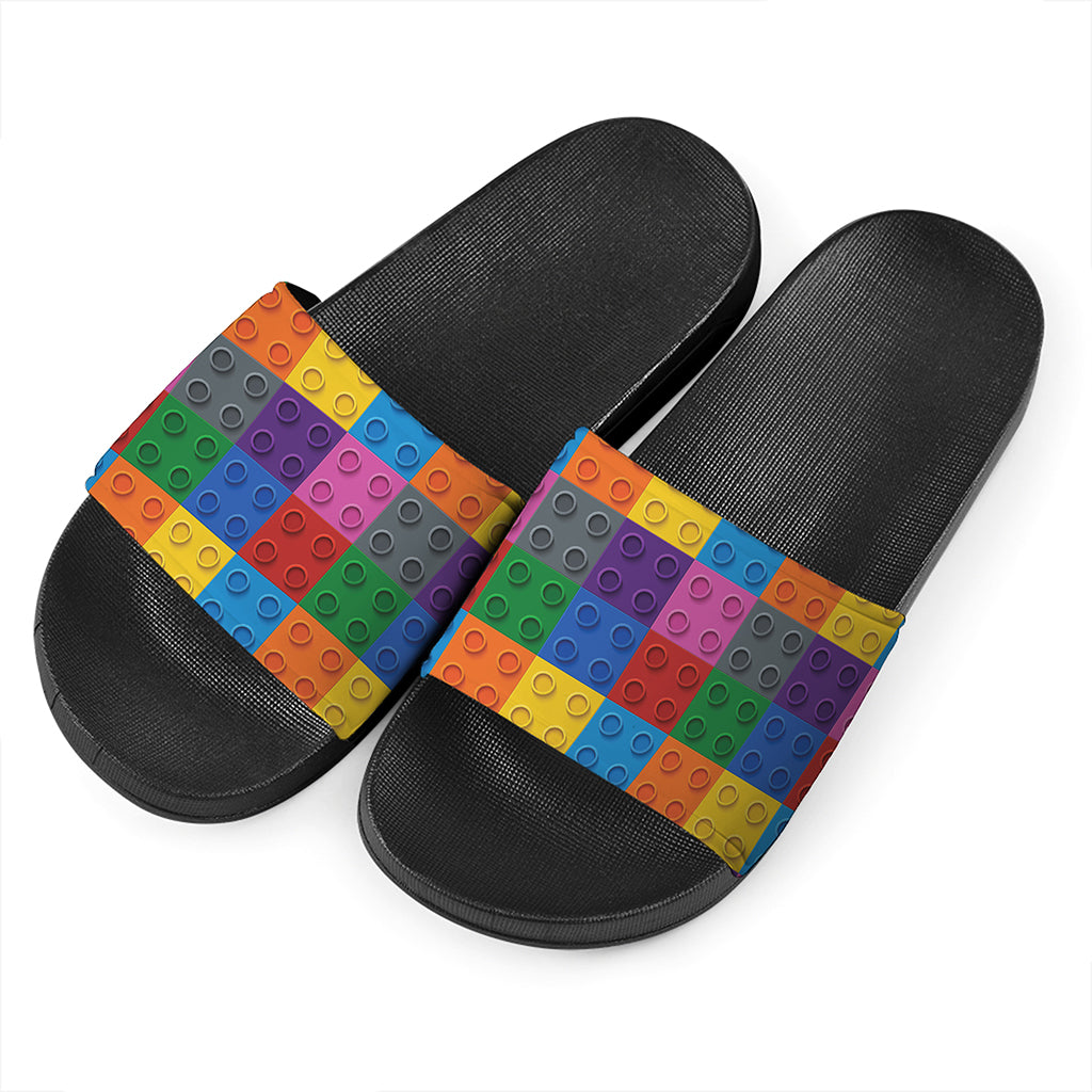 Building Blocks Toy Pattern Print Black Slide Sandals