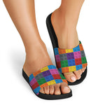Building Blocks Toy Pattern Print Black Slide Sandals