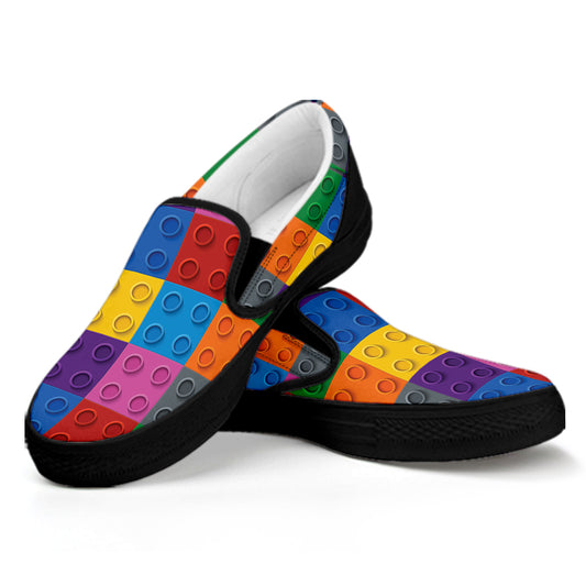 Building Blocks Toy Pattern Print Black Slip On Shoes