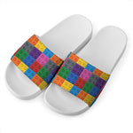 Building Blocks Toy Pattern Print White Slide Sandals