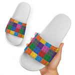 Building Blocks Toy Pattern Print White Slide Sandals