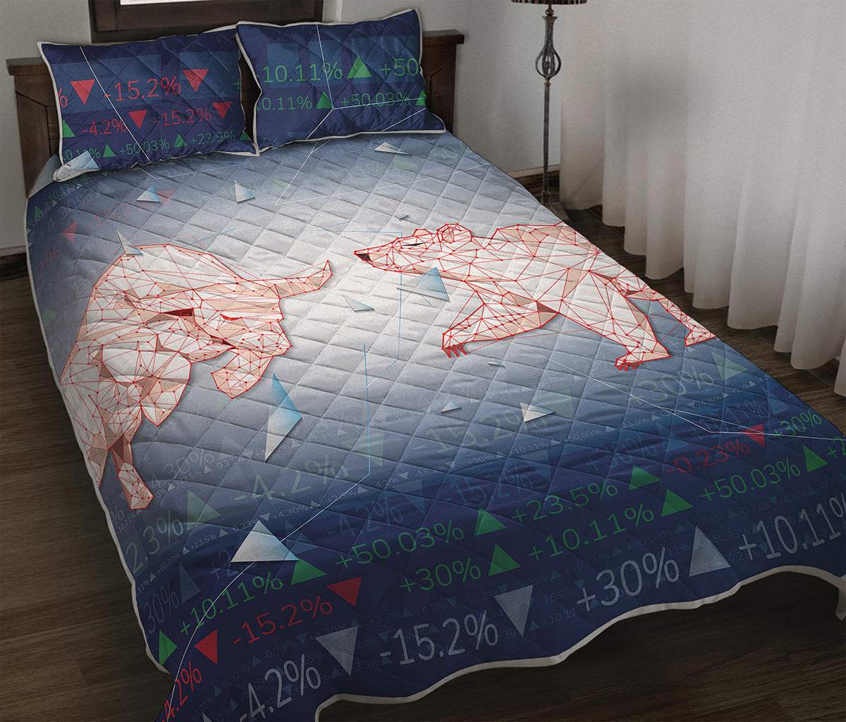 Bull And Bear Stock Market Print Quilt Bed Set