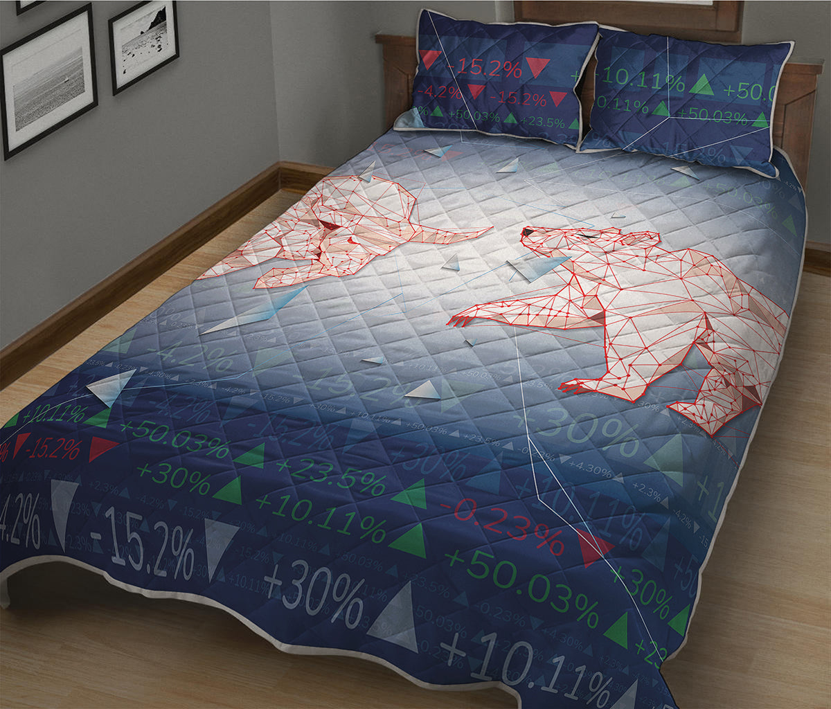 Bull And Bear Stock Market Print Quilt Bed Set