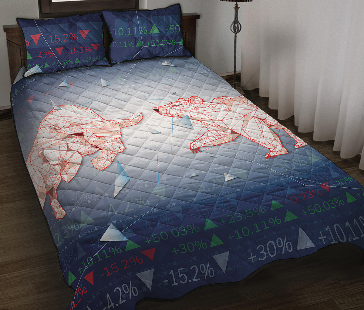 Bull And Bear Stock Market Print Quilt Bed Set