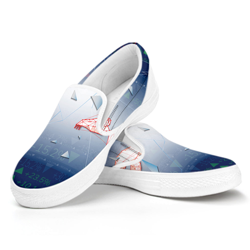 Bull And Bear Stock Market Print White Slip On Shoes