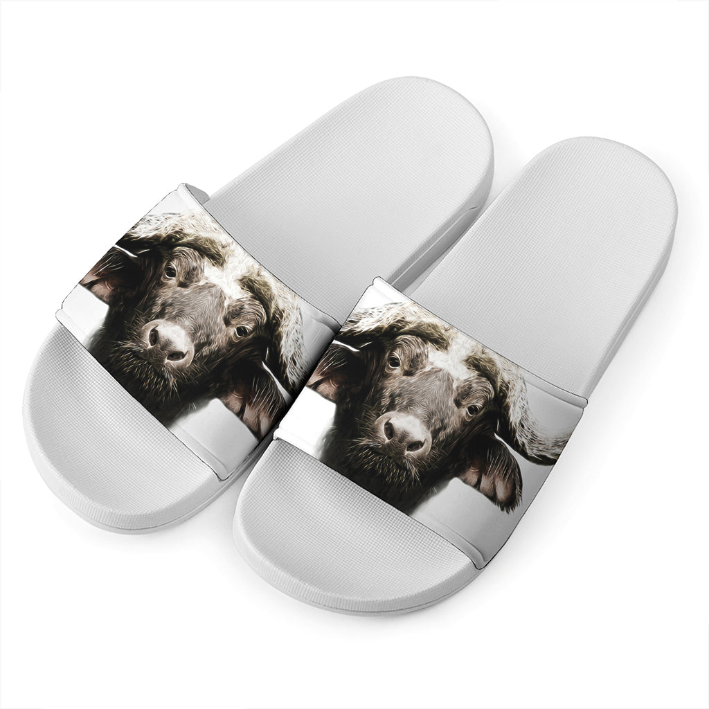 Bull Portrait Print White Slide Sandals