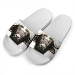 Bull Portrait Print White Slide Sandals