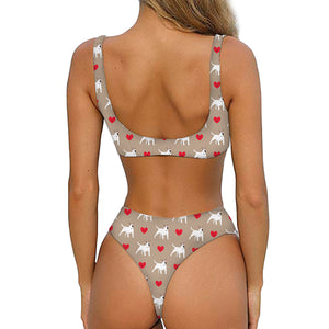 Bull Terrier Heart Pattern Print Front Bow Tie Bikini