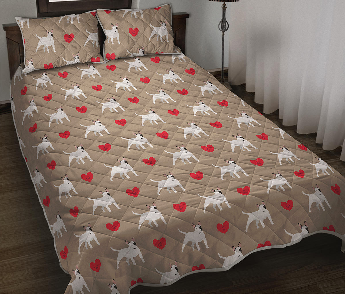 Bull Terrier Heart Pattern Print Quilt Bed Set