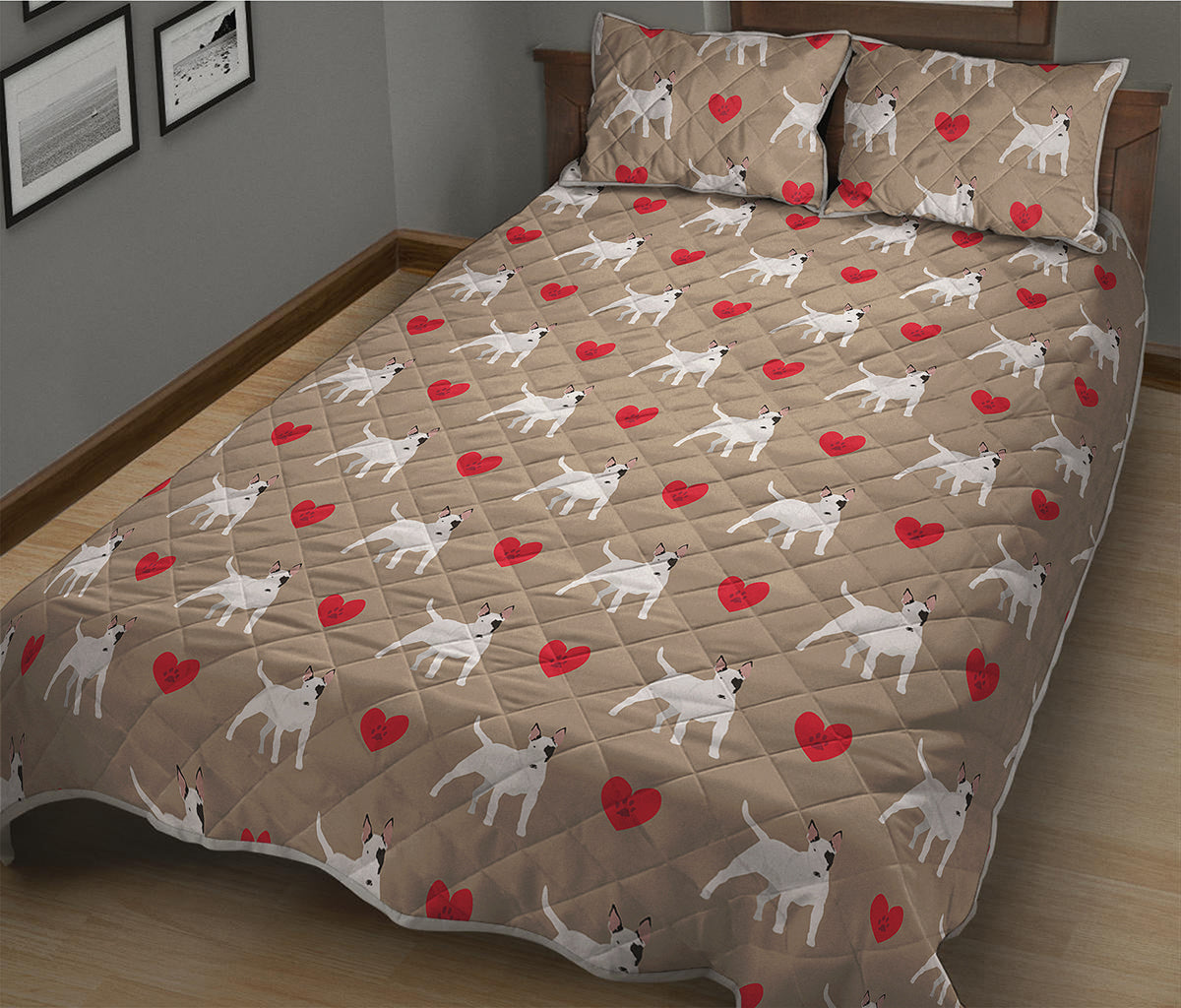 Bull Terrier Heart Pattern Print Quilt Bed Set