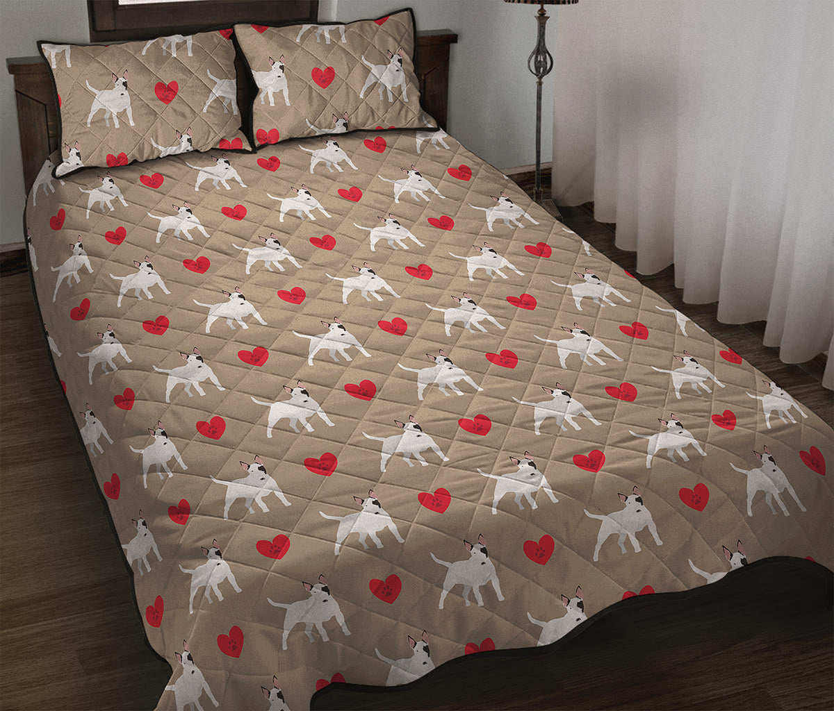 Bull Terrier Heart Pattern Print Quilt Bed Set