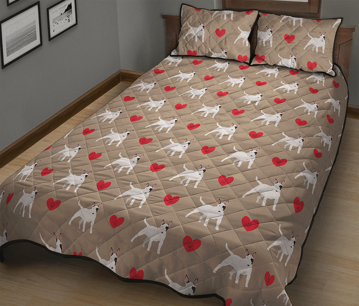 Bull Terrier Heart Pattern Print Quilt Bed Set