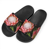 Bunches of Proteas Print Black Slide Sandals