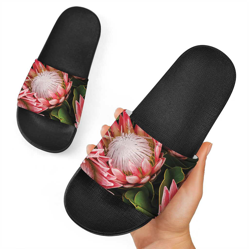 Bunches of Proteas Print Black Slide Sandals