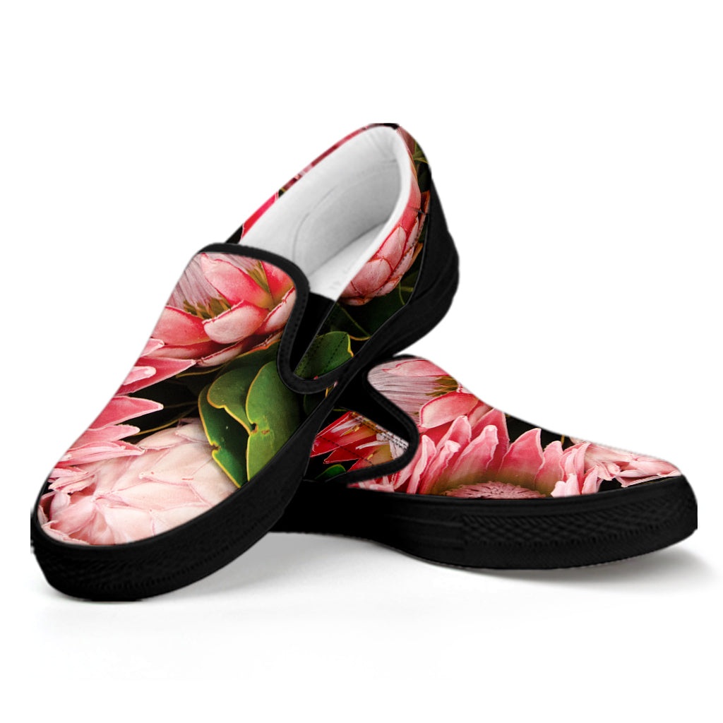 Bunches of Proteas Print Black Slip On Shoes