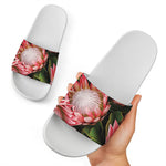 Bunches of Proteas Print White Slide Sandals