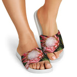 Bunches of Proteas Print White Slide Sandals