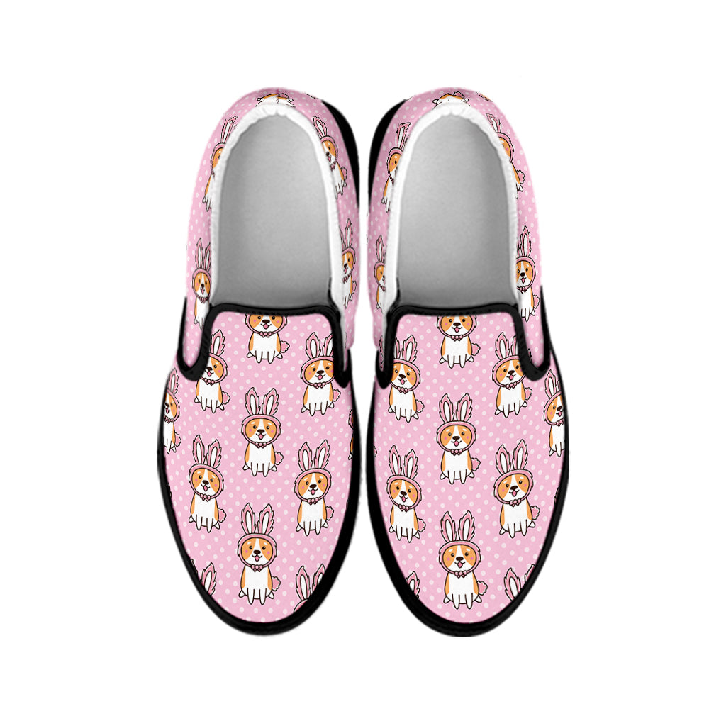 Bunny Corgi Pattern Print Black Slip On Shoes