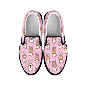 Bunny Corgi Pattern Print Black Slip On Shoes