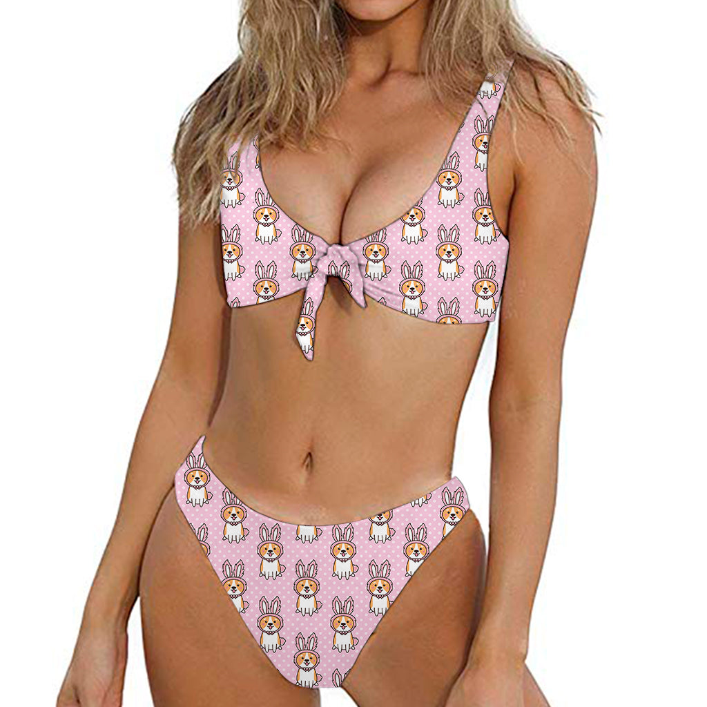 Bunny Corgi Pattern Print Front Bow Tie Bikini