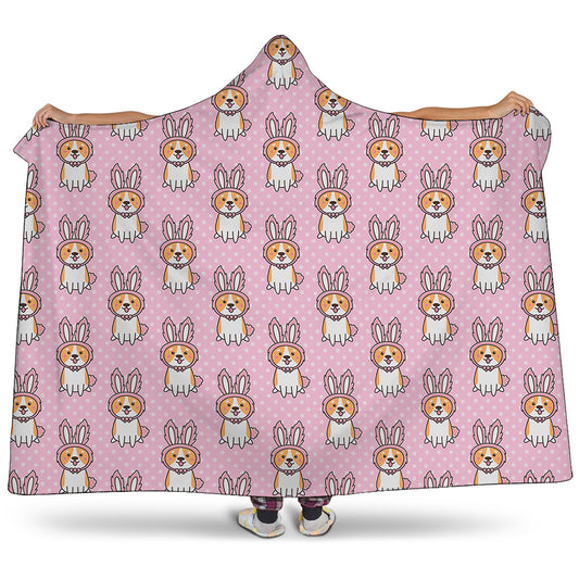 Bunny Corgi Pattern Print Hooded Blanket