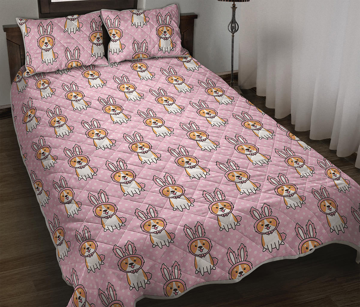 Bunny Corgi Pattern Print Quilt Bed Set