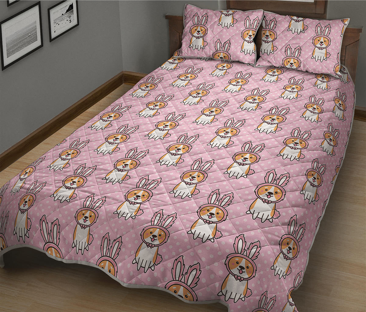 Bunny Corgi Pattern Print Quilt Bed Set