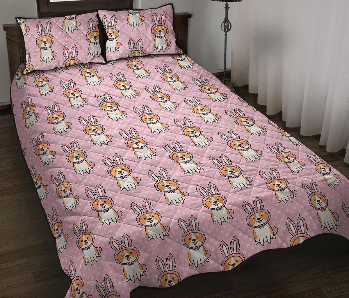 Bunny Corgi Pattern Print Quilt Bed Set