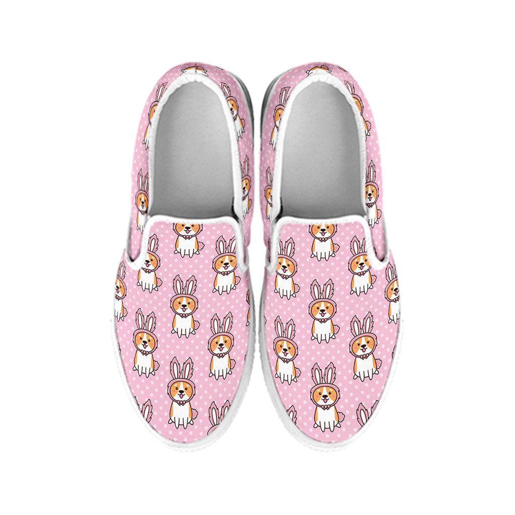 Bunny Corgi Pattern Print White Slip On Shoes