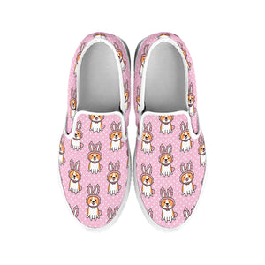 Bunny Corgi Pattern Print White Slip On Shoes