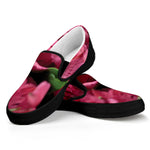 Burgundy Alstroemeria Print Black Slip On Shoes