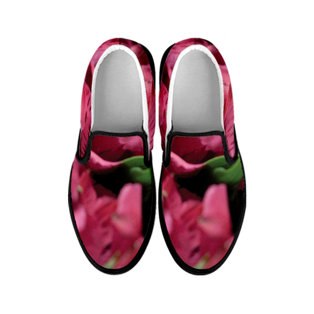 Burgundy Alstroemeria Print Black Slip On Shoes