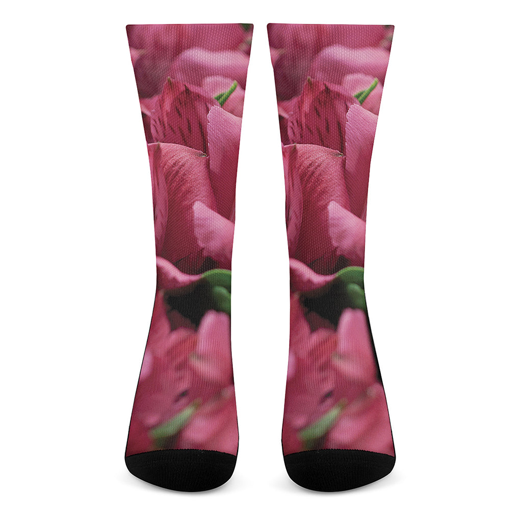 Burgundy Alstroemeria Print Crew Socks