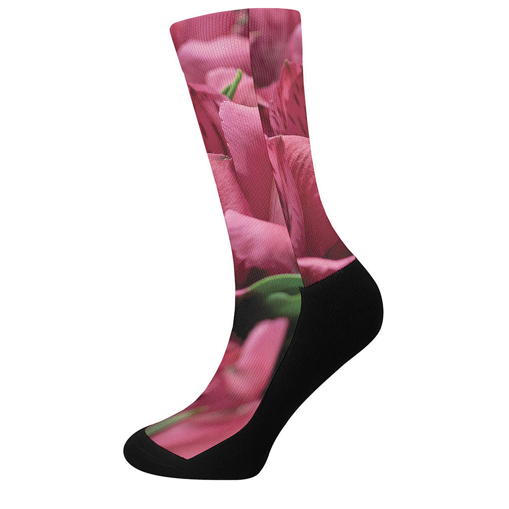 Burgundy Alstroemeria Print Crew Socks